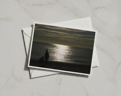 Dawn Dusk Beach Silhouette Card, Coastal Sunset Sea View, Moody Landscape Greeting Card