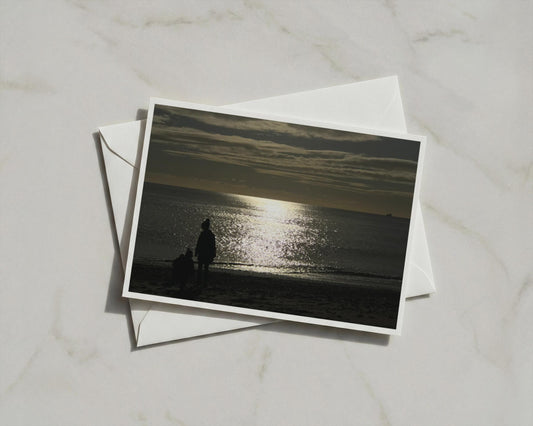 Dawn Dusk Beach Silhouette Card, Coastal Sunset Sea View, Moody Landscape Greeting Card