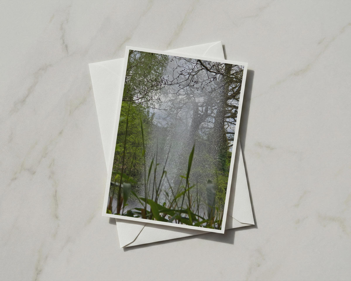 Woodland Water Fountain Card, Trees and Mist Nature Photography, Green Forest A6 Card