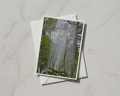 Woodland Water Fountain Card, Trees and Mist Nature Photography, Green Forest A6 Card