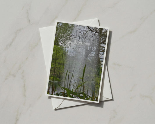 Woodland Water Fountain Card, Trees and Mist Nature Photography, Green Forest A6 Card