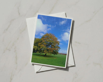 Autumn Tree Greeting Card, Seasonal Nature Card, Blue Sky Green Park, A6 Card