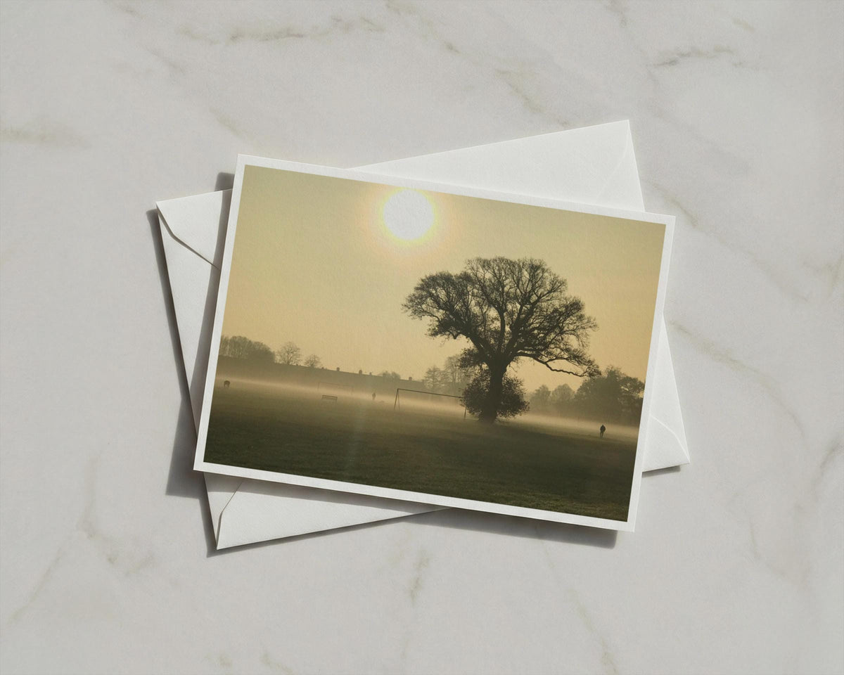 Misty Dawn Landscape Card, Sunrise Oak Tree Silhouette, Foggy Park Morning Greeting Card