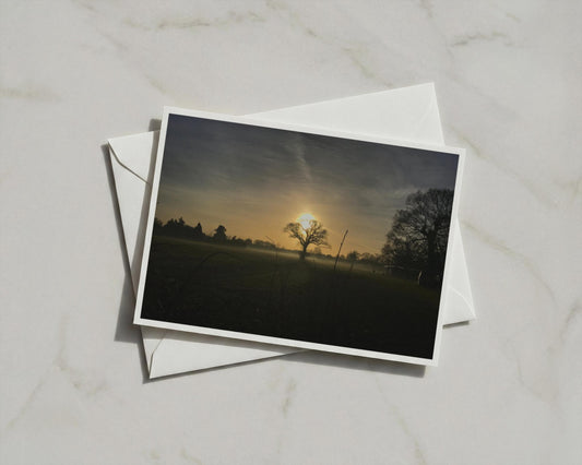 Misty Sunrise Landscape Card, Oak Tree Silhouette, Dawn countryside greeting card