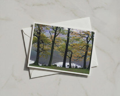 Autumn Trees Lake Landscape Poster, Lakeside Woodland Framed-Print, Golden Foliage Nature Wall Art, Lake District Countryside Print