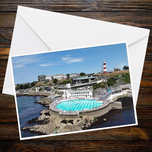 Tinside Lido Art Deco Greeting Card | A6 Landscape Sea View Photography | Nautical Coastal Wall Art Card for Beach & Travel Lovers