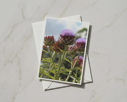 Artichoke Flower Card, Purple Botanical Garden Card, Blank A6 Card with Envelope, Vegetable