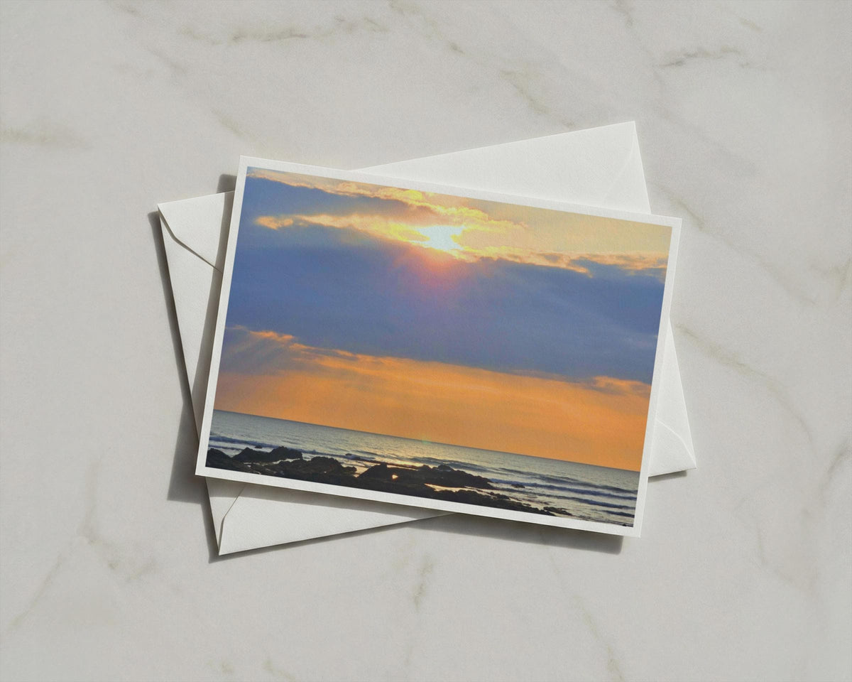 Coastal Sunset Greeting Card, Rocky Seascape Dawn Dusk, Orange Sky Ocean Card