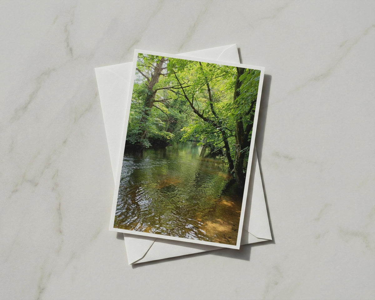 Woodland River Card, Lush Green Trees Nature Photography, A6 Greeting Card