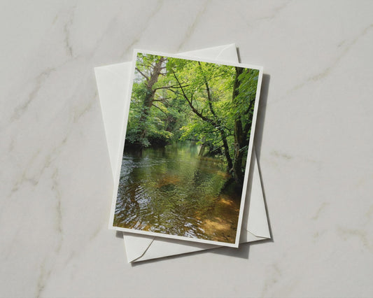 Woodland River Card, Lush Green Trees Nature Photography, A6 Greeting Card