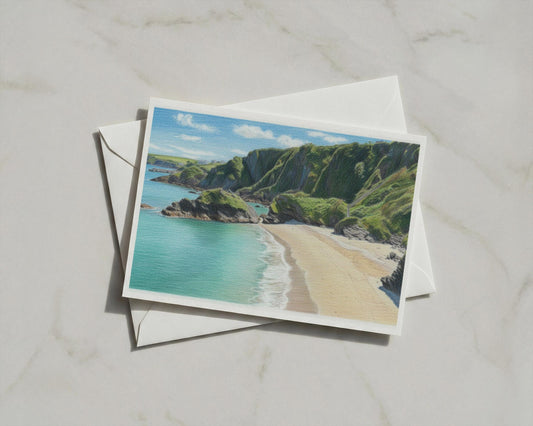 Cornwall Coastal Beach Card, Cliffs Sandy Cove, Turquoise Sea, Pencil Art A6 Card