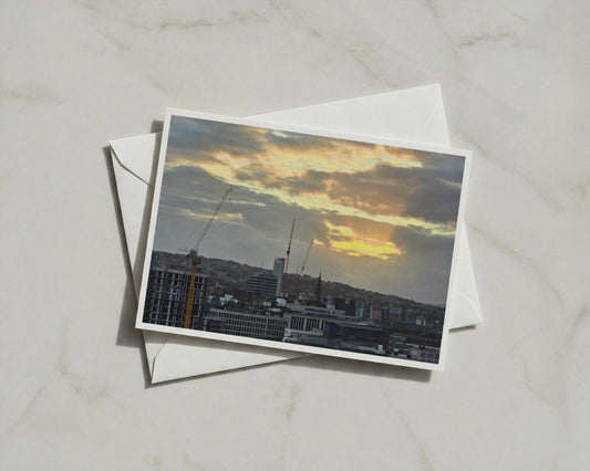 City Skyline Sunset Card, Urban Cranes Landscape, Dawn Dusk Sky, Greetings Card