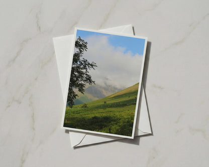 Mountain Valley Greeting Card, Green Hills Tree Landscape, Misty Peaks Nature Card