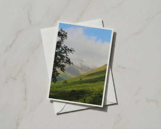 Mountain Valley Greeting Card, Green Hills Tree Landscape, Misty Peaks Nature Card