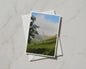 Mountain Valley Greeting Card, Green Hills Tree Landscape, Misty Peaks Nature Card
