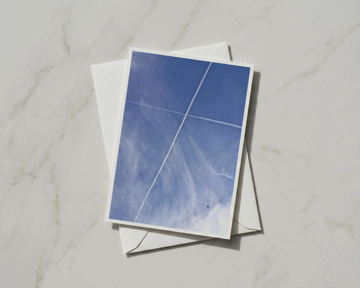 Blue Sky Contrail Card, Aeroplane Trail Greeting Card, Minimalist Sky Photo Card