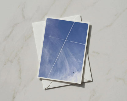 Blue Sky Contrail Card, Aeroplane Trail Greeting Card, Minimalist Sky Photo Card