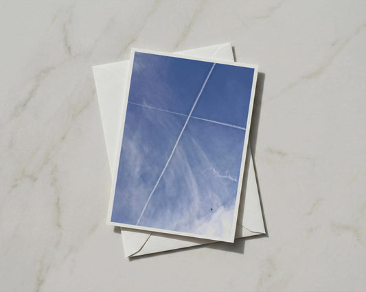 Blue Sky Contrail Card, Aeroplane Trail Greeting Card, Minimalist Sky Photo Card
