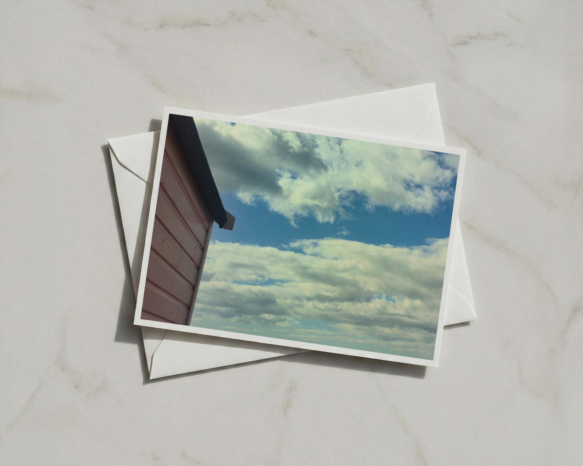 Beach Hut Sky Card, Cloudy Blue Sky Photo Card, Coastal Greeting Card, Seaside Card