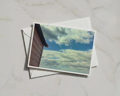 Beach Hut Sky Card, Cloudy Blue Sky Photo Card, Coastal Greeting Card, Seaside Card