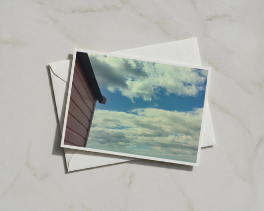 Beach Hut Sky Card, Cloudy Blue Sky Photo Card, Coastal Greeting Card, Seaside Card