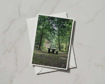 Forest Picnic Table Card, Woodland Trees Greeting Card, Nature Photography, Green