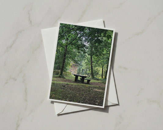 Forest Picnic Table Card, Woodland Trees Greeting Card, Nature Photography, Green