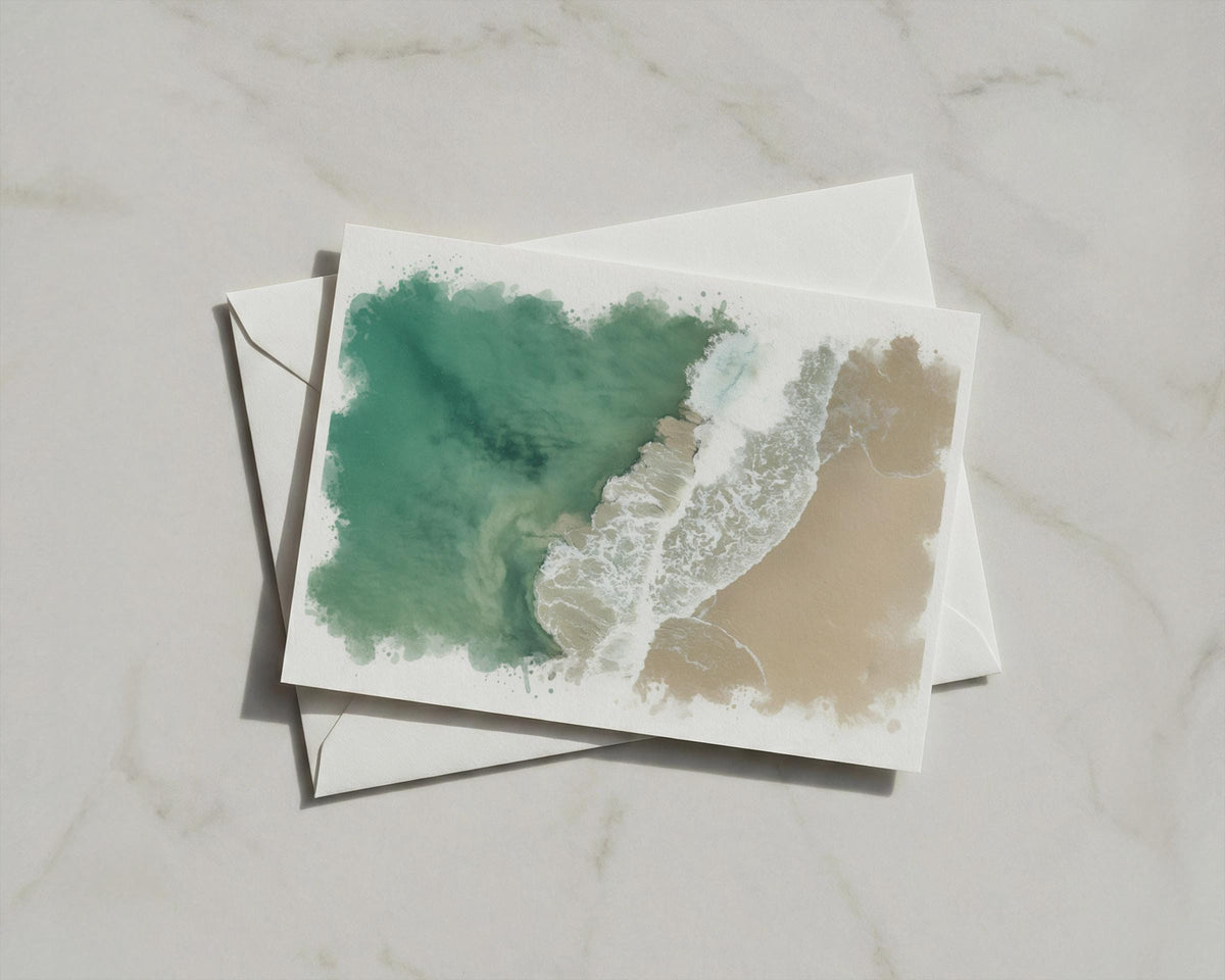 Cornwall Aerial Beach Card, Coastal Watercolour Waves, Teal Sea Sandy Shore, A6 Greeting Card