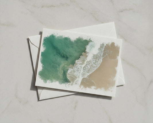 Cornwall Aerial Beach Card, Coastal Watercolour Waves, Teal Sea Sandy Shore, A6 Greeting Card