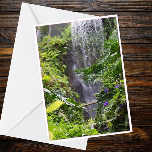 Eden Project Tropical Waterfall Greetings Card – Ferns, Purple Flowers, A6 Blank Card