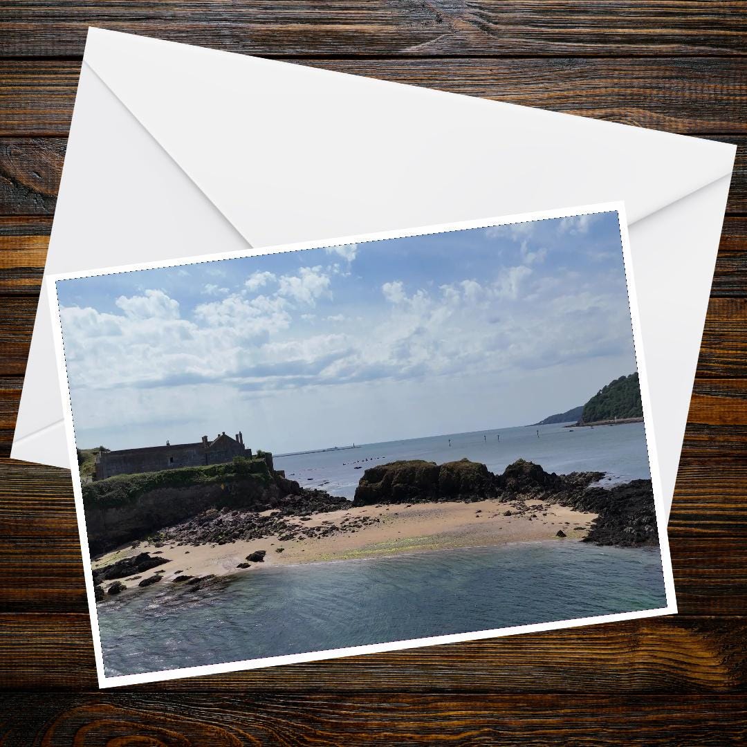 Drake's Island Hidden Beach Card | Scenic A6 Landscape Greeting Card of Secluded Plymouth Sound Shoreline and Volcanic Rocks