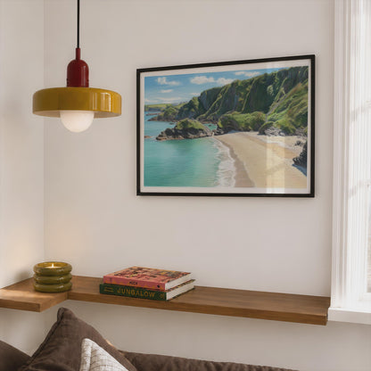 Cornwall Coastal Beach Poster, Turquoise Sea Cliffs Framed-Print, Pencil Drawing Style, Cornish Seaside Wall Art, Sandy Cove Gift