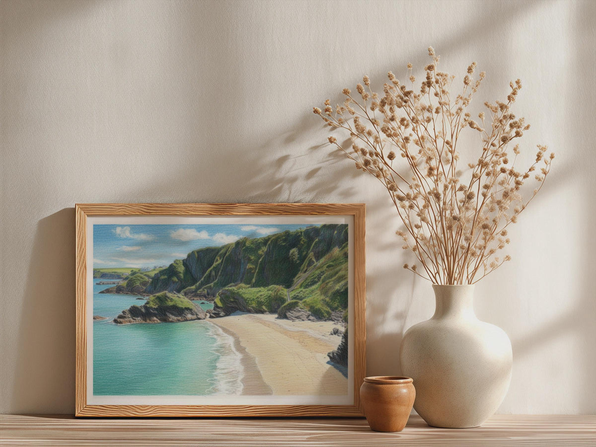 Cornwall Coastal Beach Poster, Turquoise Sea Cliffs Framed-Print, Pencil Drawing Style, Cornish Seaside Wall Art, Sandy Cove Gift