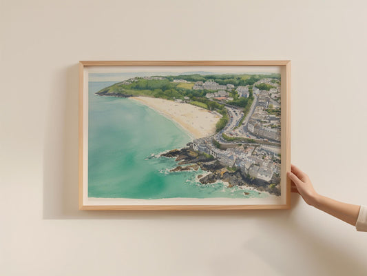 Cornwall Coastal Town Poster, Watercolour Aerial Beach Print, Framed-Print Cornish Seaside Wall Art, Turquoise Sea, St Ives Style Gift