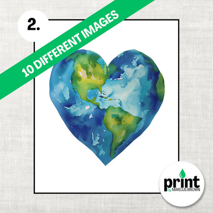 A heart-shaped illustration of the Earth, representing the planet, is displayed in the center of the image.