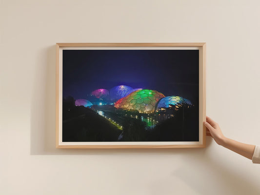 Eden Project Night Lights Poster, Cornwall Biomes Framed-Print, Colourful Dome Wall Art, Cornwall Landmark Print, Dawn and Dusk Collection