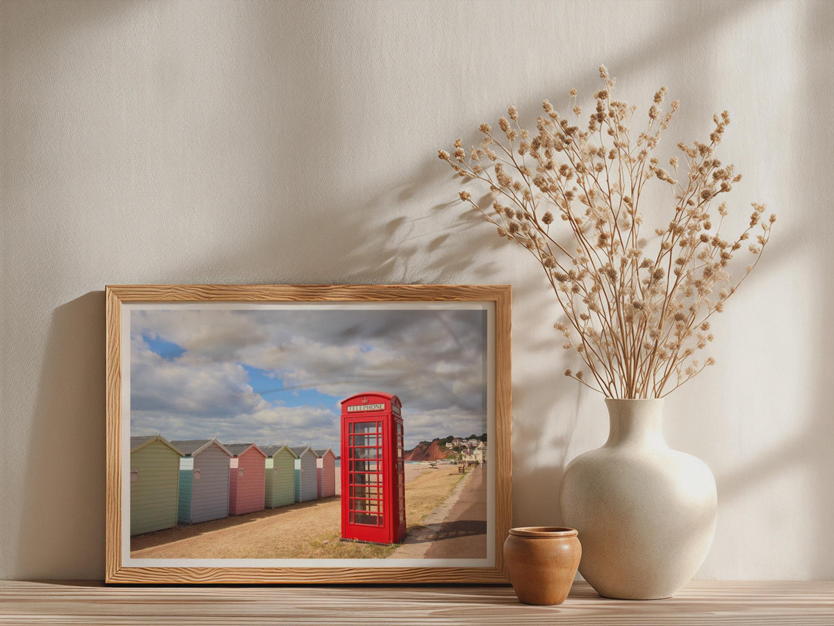 Budleigh Salterton Beach Huts Poster, Red Telephone Box Framed-Print, Devon Coastal Wall Art, Pastel Seaside Photography Print