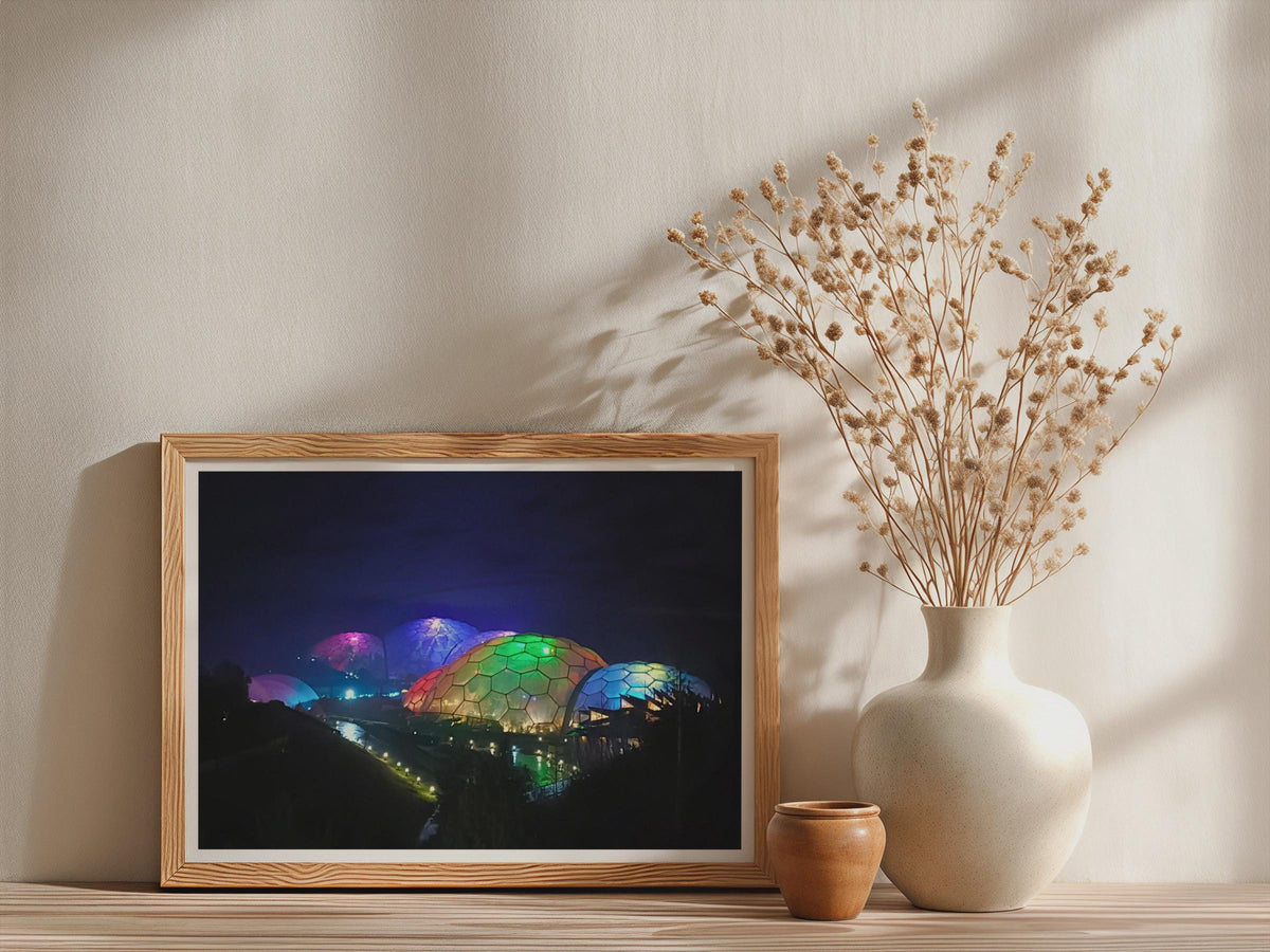 Eden Project Night Lights Poster, Cornwall Biomes Framed-Print, Colourful Dome Wall Art, Cornwall Landmark Print, Dawn and Dusk Collection