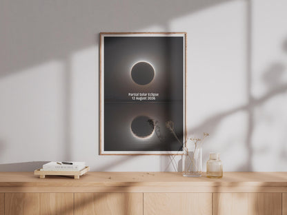 Partial Solar Eclipse Poster, 12 August 2026 Astronomy Wall Art, Solar Corona Print, Dark Sky Space Decor, Science Gift, Black Gold