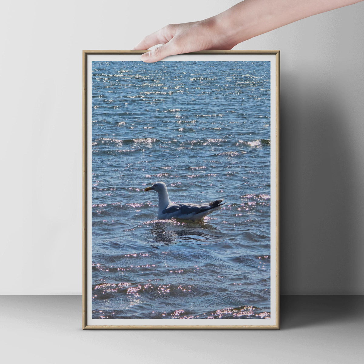 Seagull on Sparkling Sea Poster, Coastal Bird Wall Art, Blue Ocean Photography Print, Nautical Wildlife Decor, Seaside Nature Photo
