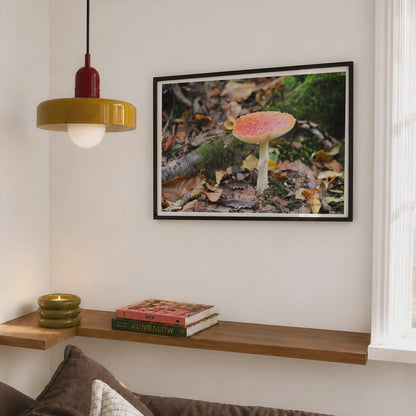 Fly Agaric Mushroom Poster mockup - Corner Bedroom Mockup - Landscape