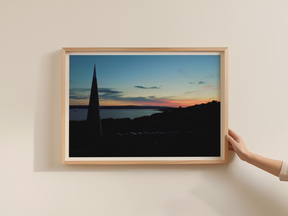 Coastal Sunset Poster, Seaside Dusk Landscape Framed-Print, Pink Sky Bay View, Moody Twilight Wall Art, Nautical Silhouette Home Decor