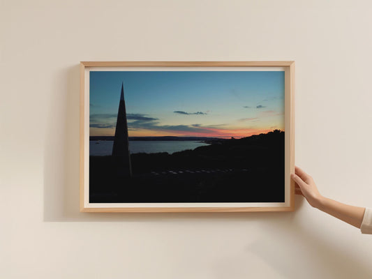 Coastal Sunset Poster, Seaside Dusk Landscape Framed-Print, Pink Sky Bay View, Moody Twilight Wall Art, Nautical Silhouette Home Decor