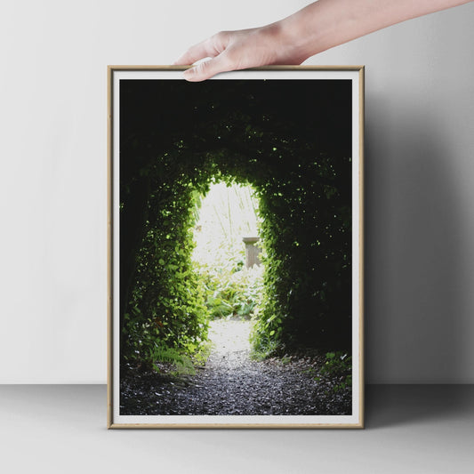 Green Leaf Tunnel Garden Arch Poster, Woodland Path Wall Art, Secret Garden Print, Nature Photography, Dark Moody Forest Decor