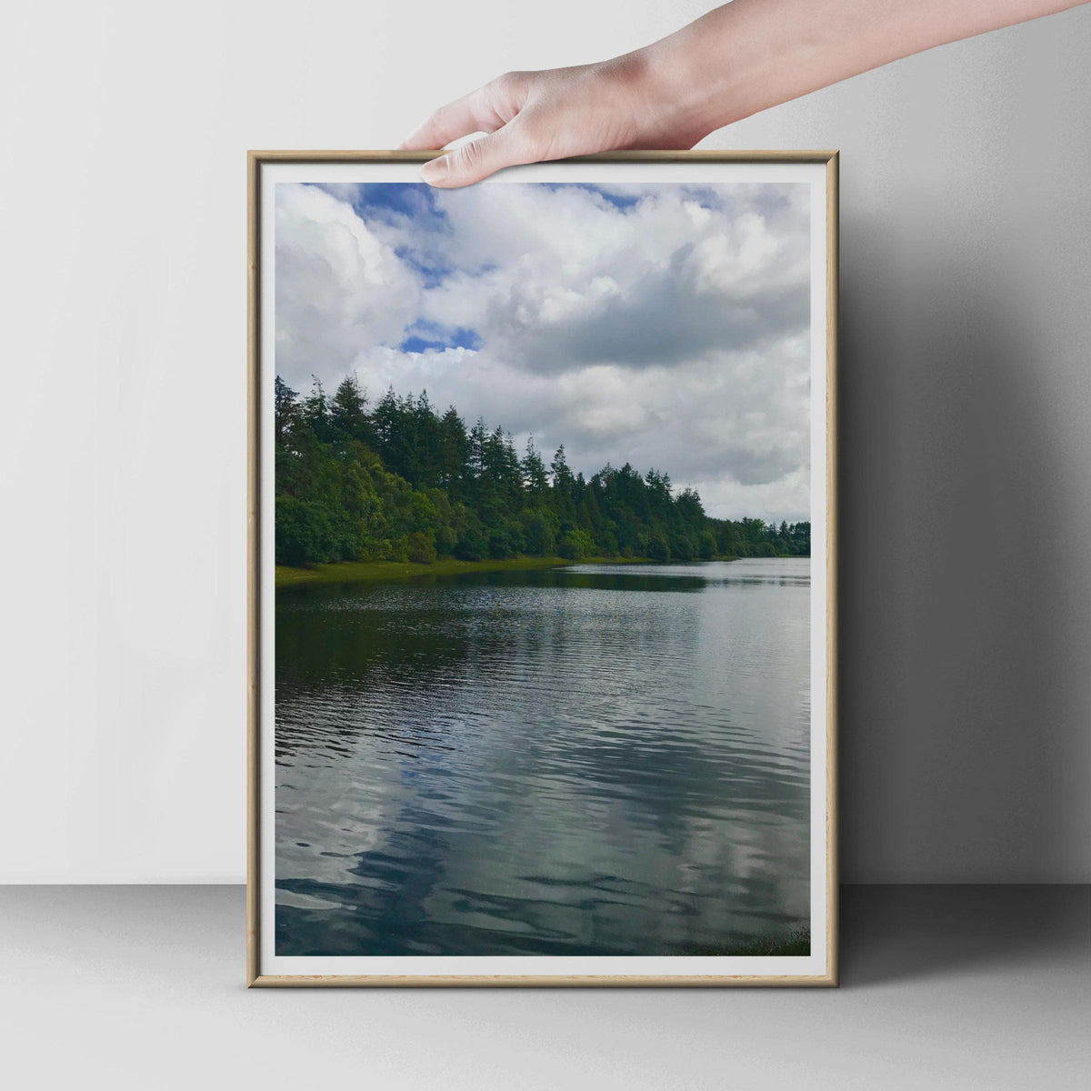 Lake and Pine Forest Landscape Poster, Woodland Water Reflection Print, Cloudy Sky Nature Wall Art, Scenic British Countryside Photo Print