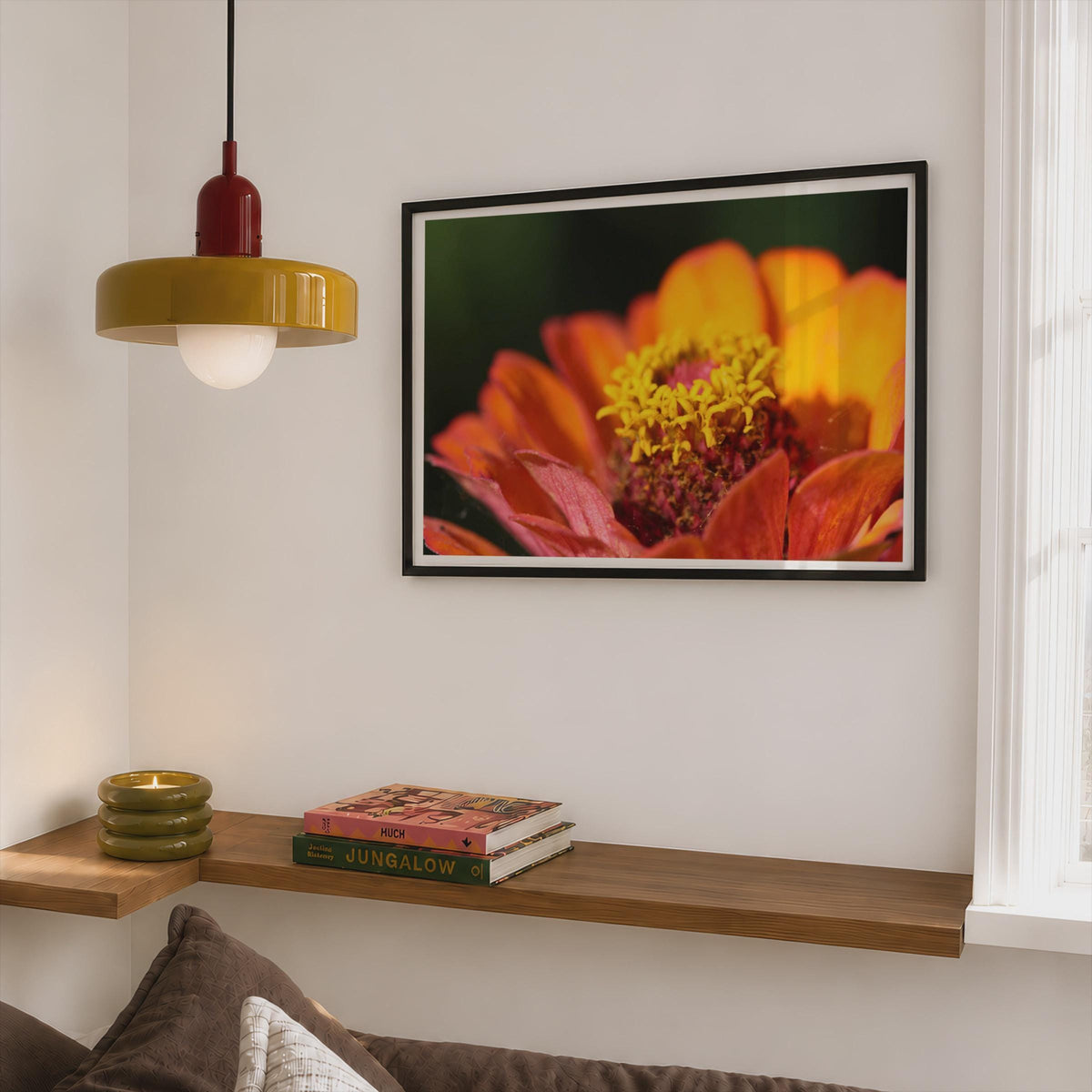 Orange Zinnia Flower Macro Poster, Botanical Floral Framed-Print, Warm Tones Wall Art, Close Up Garden Photography Print