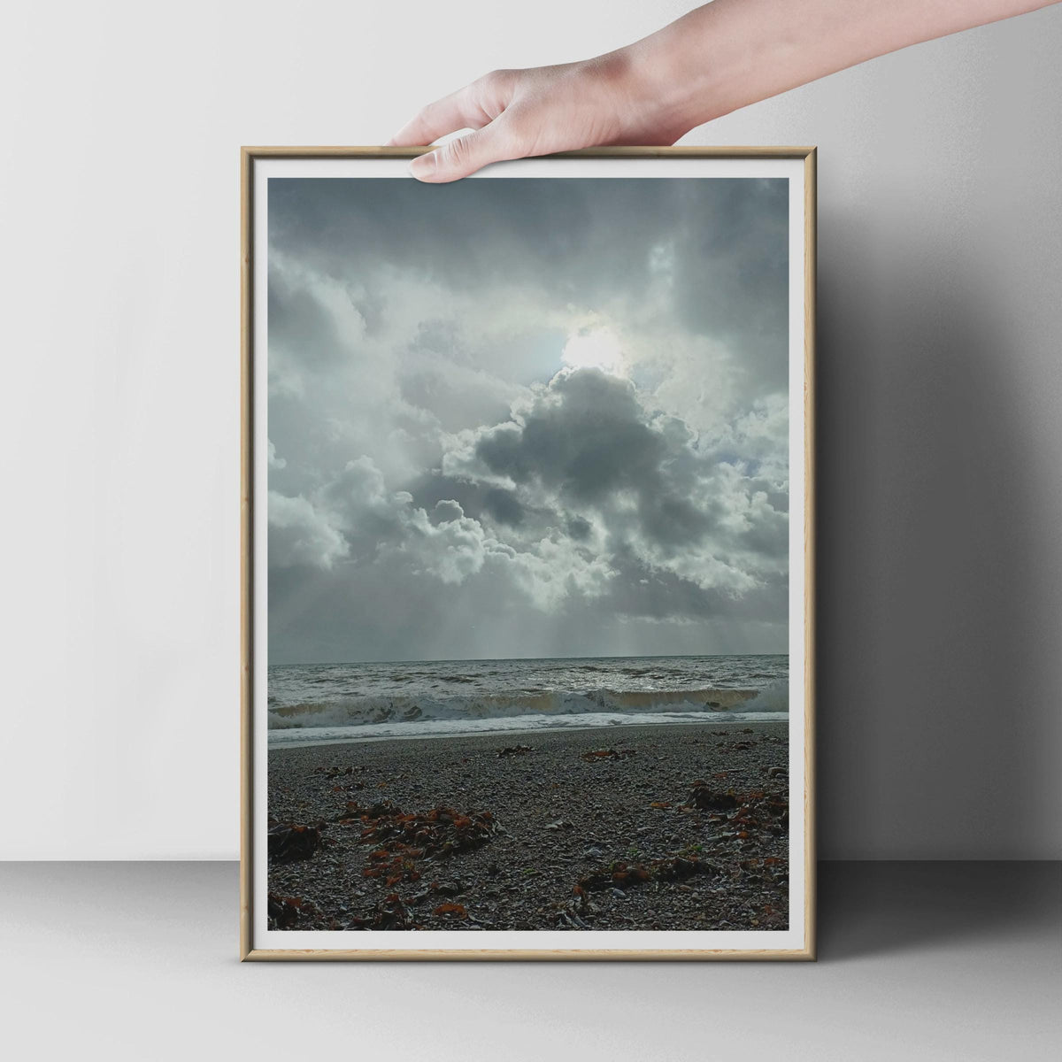 Stormy Seascape Photography Print, Dramatic Sky Coastal Poster, Moody Ocean Wall Art, Pebble Beach Grey Cloud Photo Print for Living Room