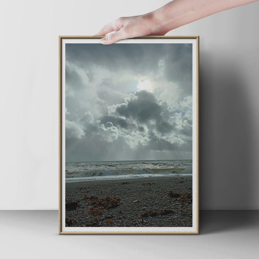 Stormy Seascape Photography Print, Dramatic Sky Coastal Poster, Moody Ocean Wall Art, Pebble Beach Grey Cloud Photo Print for Living Room