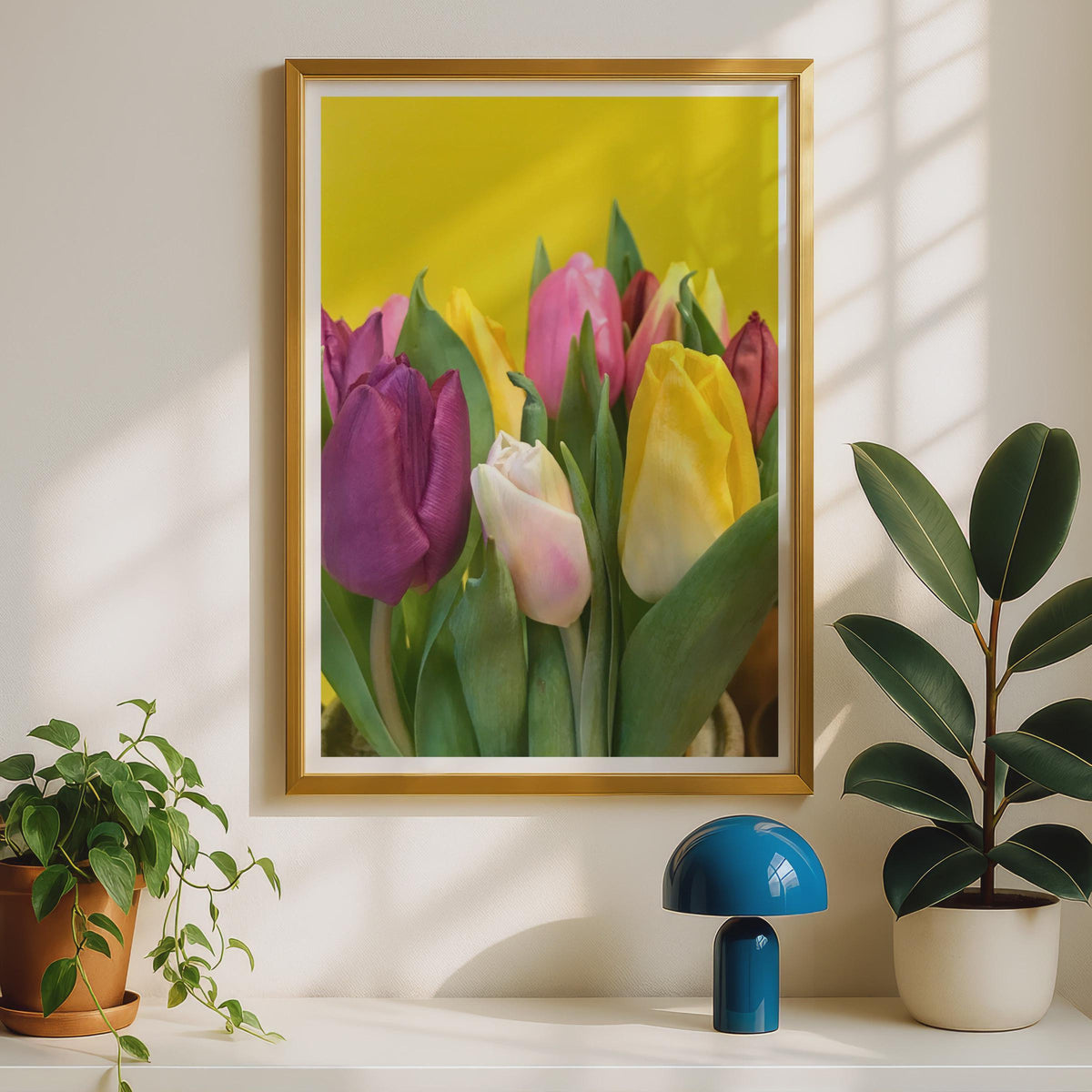 Colourful Tulip Bouquet Poster, Spring Flower Wall Art, Yellow Pink Purple Tulips Print, Bright Floral Photography, Living Room Decor