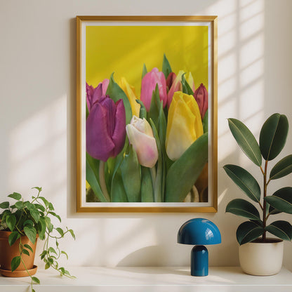 Colourful Tulip Bouquet Poster, Spring Flower Wall Art, Yellow Pink Purple Tulips Print, Bright Floral Photography, Living Room Decor